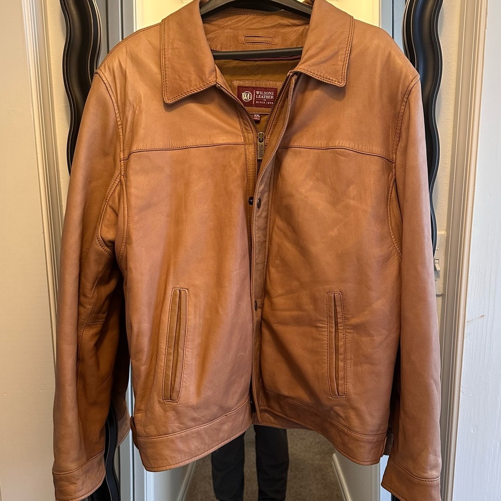 Wilson Leather Men's Camel Tan Cloth Lined Zip & Snap Front Leather Coat Sz XXL